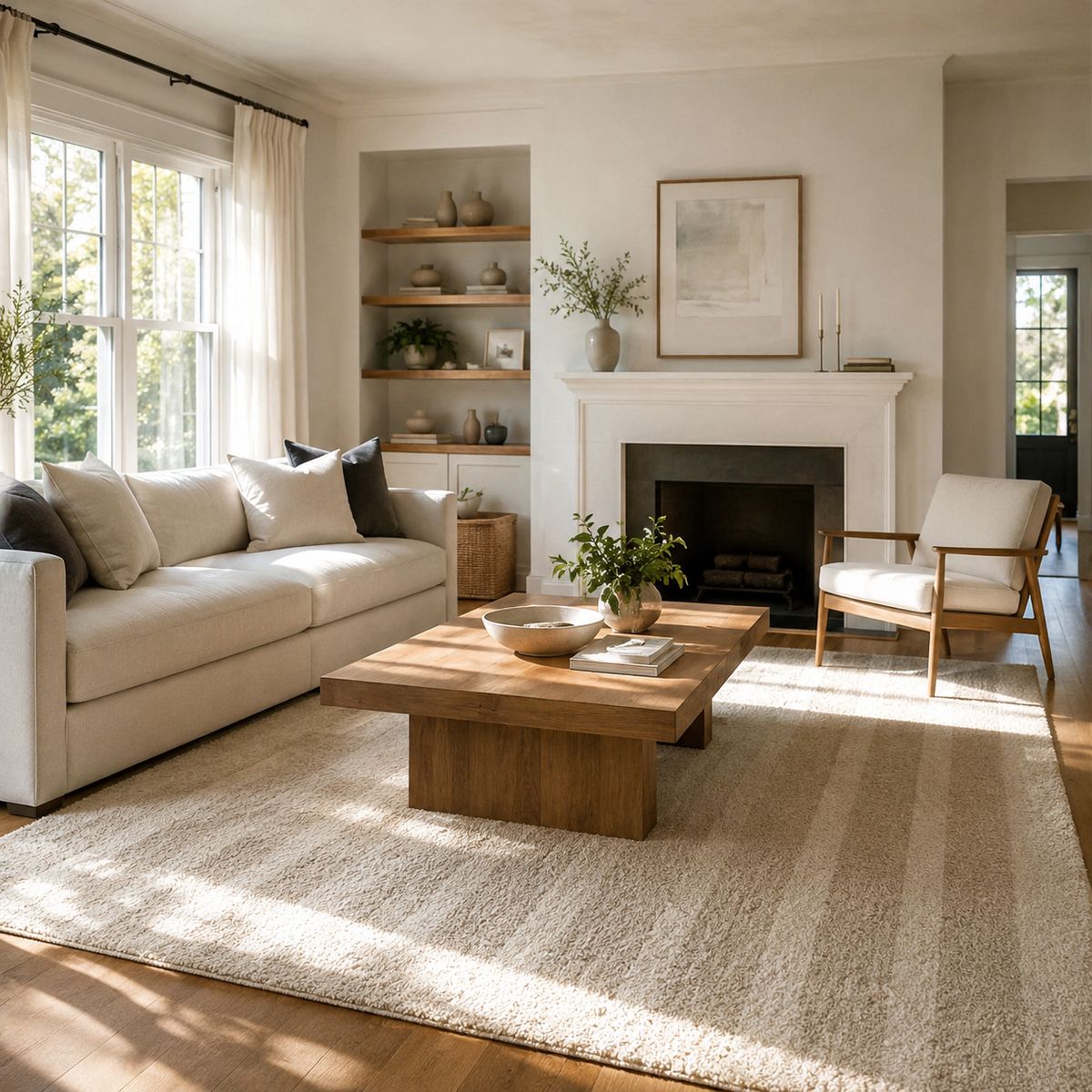 A spotless sunlit living room after a professional clean