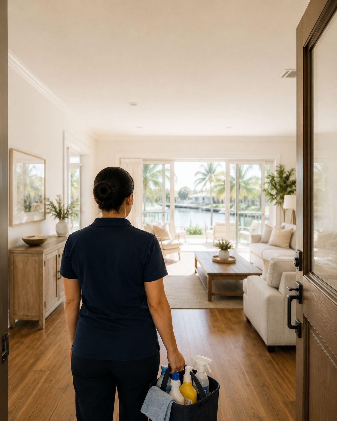 A professional cleaner arriving in a bright Florida living room